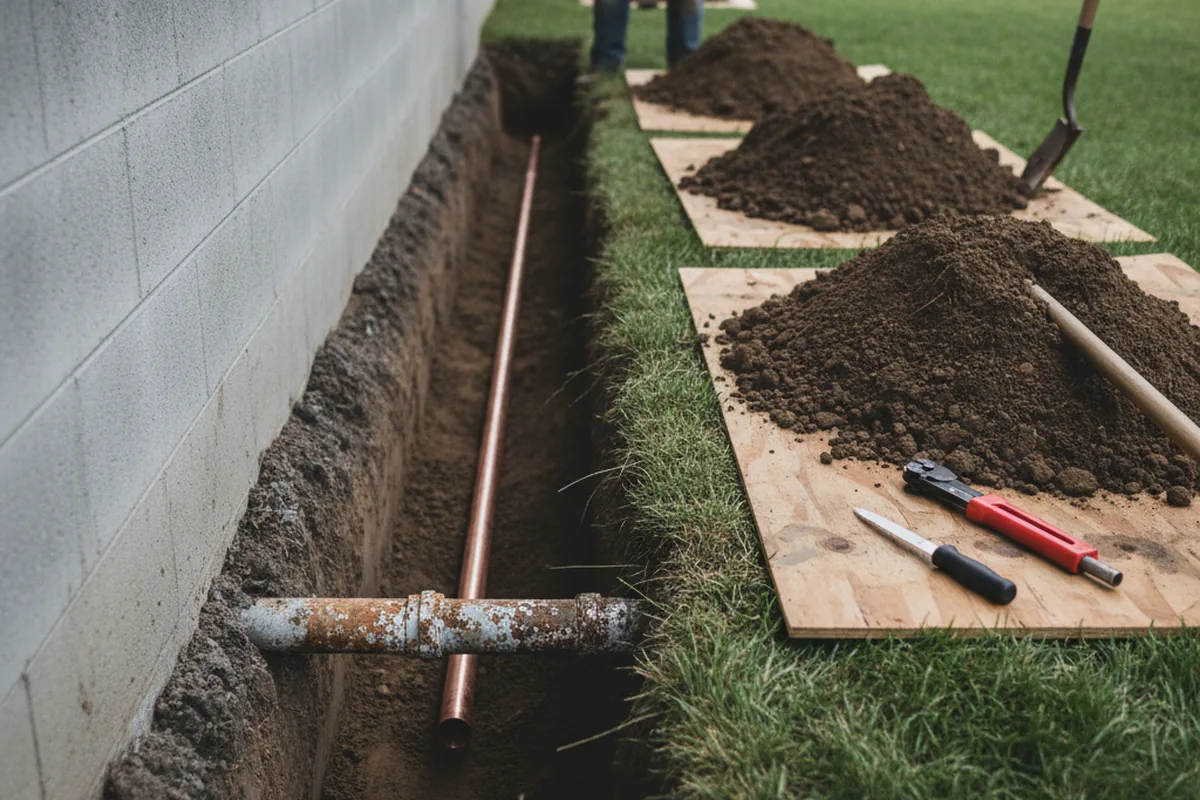 Excavated water line trench during Water Heater Repair in Varna